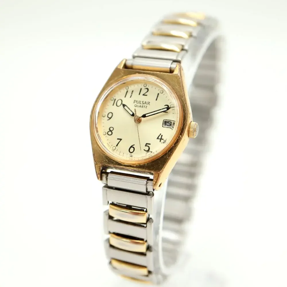 Pulsar Gold Tone 24mm Womens Watch V827-0430 Two Tone Stretch Band w New Battery